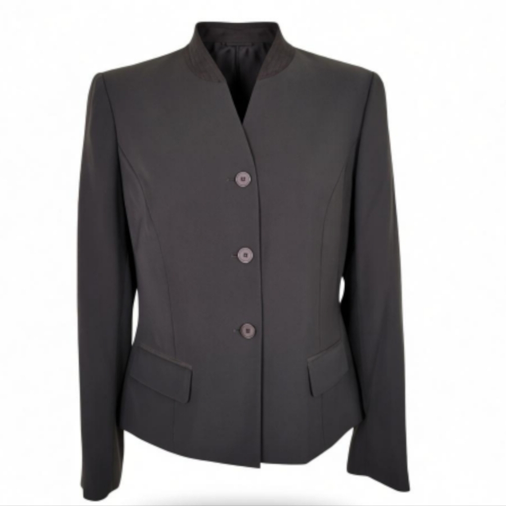 Kasper ASL Blazer Size 8 Brown Flap Pockets Long Sleeve Band Collar Lined